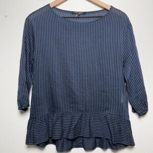 Luisa Cerano Women Cotton‎ Silk Top 6 Navy Blue Pinstripe Peplum Hem Luxury